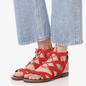 Sam Edelman GEMMA Sandal Caged Red Suede Gladiator Strappy Flat Open 6.5 M